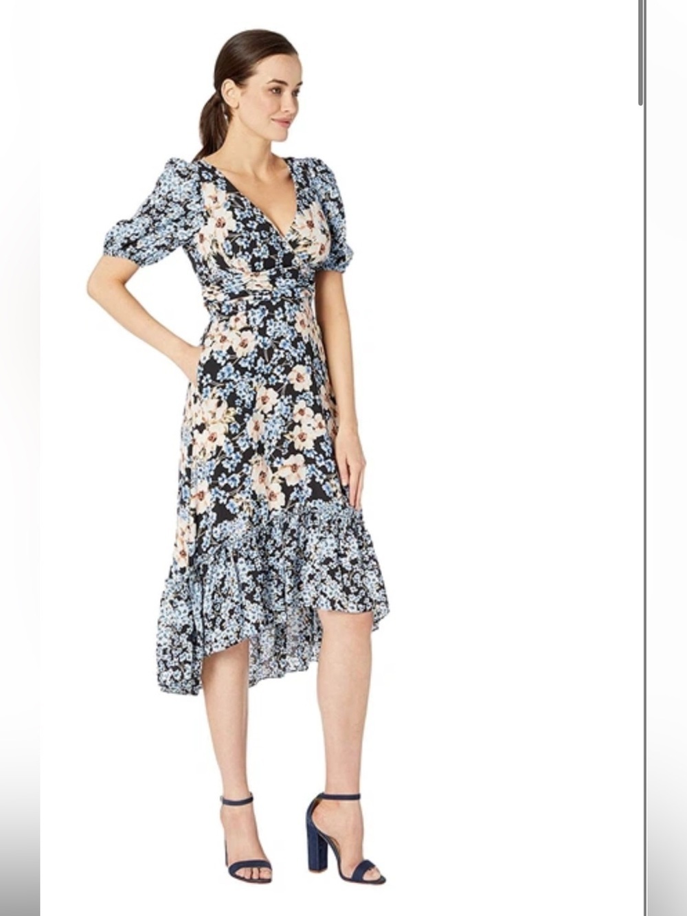 Donna Morgan Floral Bubble Sleeve Midi Dress High Low Ruffle Hem Pockets Size 8